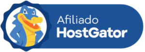 Badge azul de afiliado HostGator com mascote ilustrado à esquerda e texto “Afiliado HostGator”.