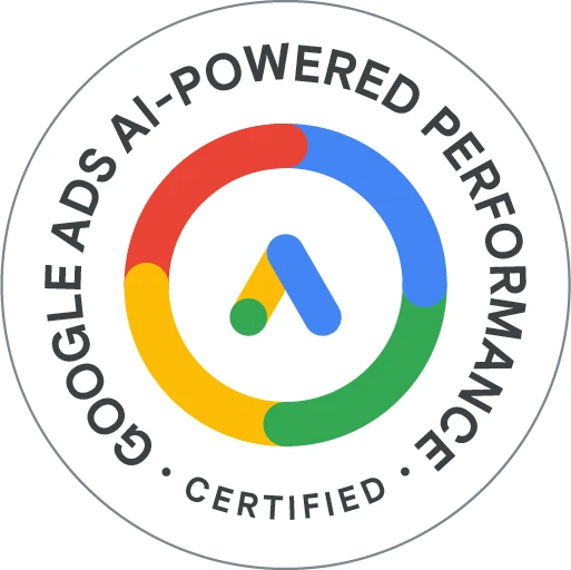 Selo Google Ads Measurement Certified com logotipo do Google Ads ao centro.